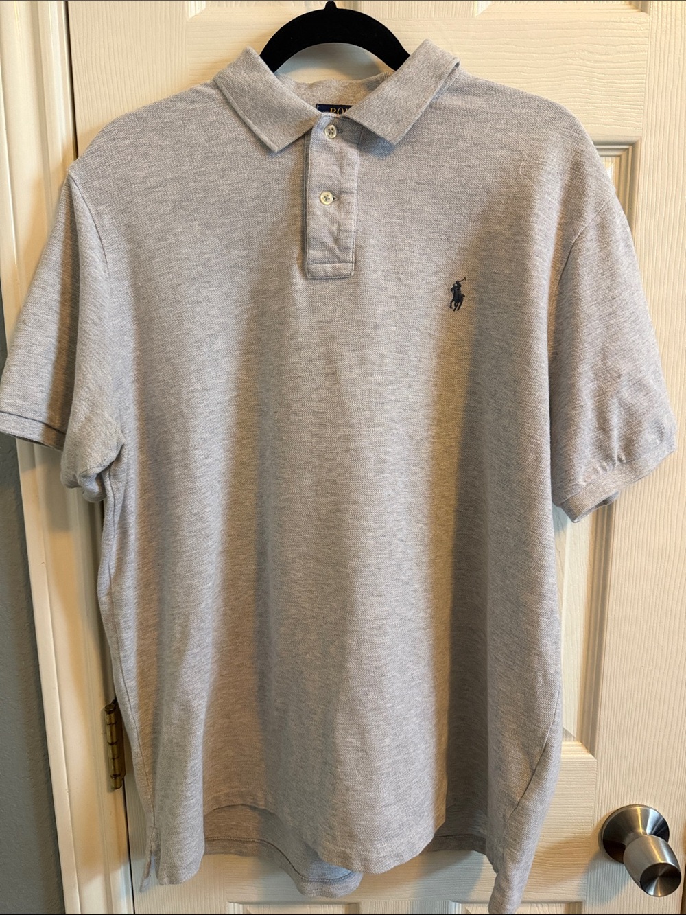 Polo by Ralph Lauren Heather Gray Men’s Polo with Navy Logo-Very good condition